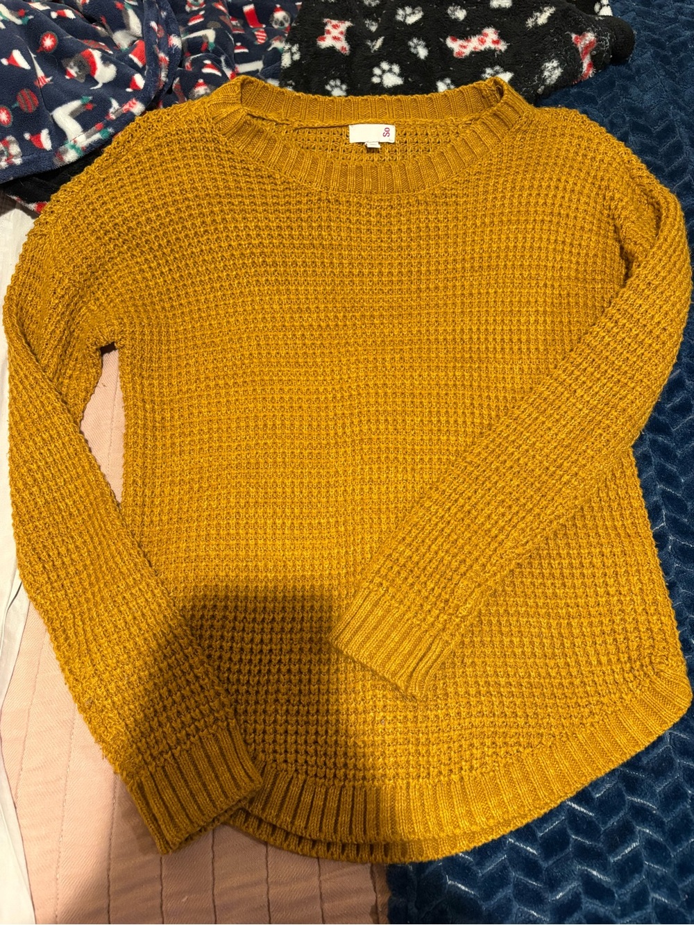SO Mustard Waffle-Knit Crewneck Sweater